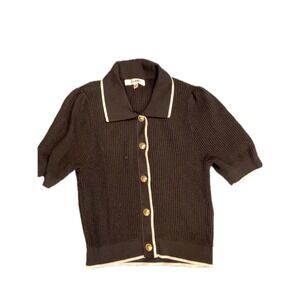 E LAND Black Knit Collared Short Sleeve Button Up Top With White Trim size s